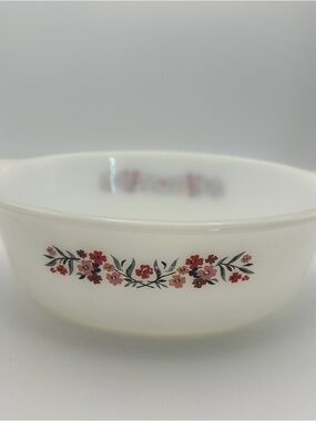 Fire King White Milk Glass Bowl with Red and Pink Floral Border